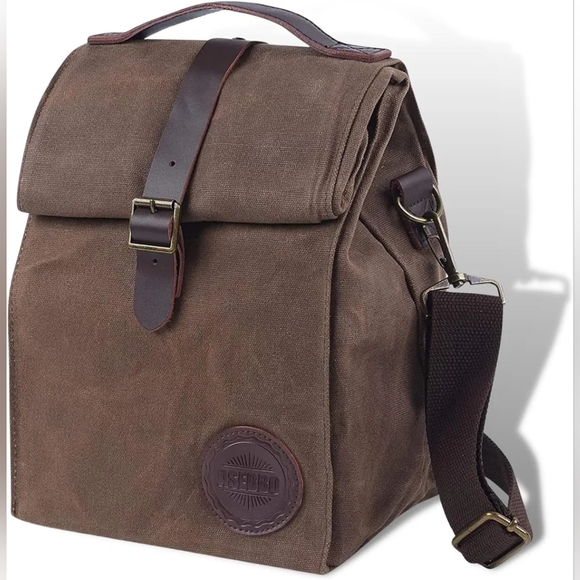 ASEBBO Insulated Lunch Bag 10L Waxed Canvas and Leather Cool Crossbody Bag - Picture 15 of 15